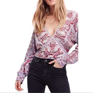 Free People Wild & Free Blouse Fuchsia Red and Purple Size M Deep V Neck